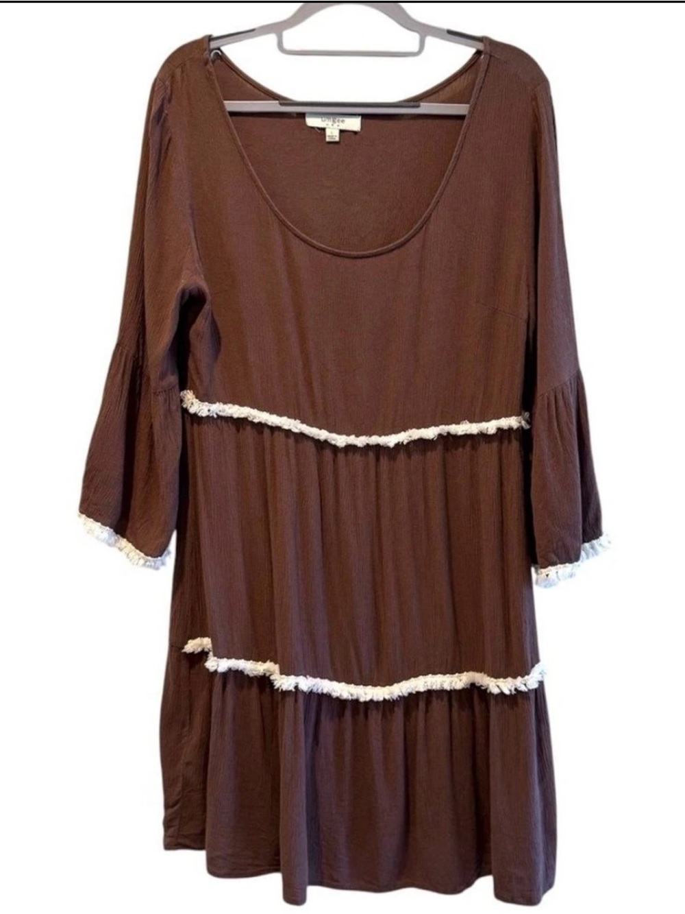 Umgee Babydoll Mini Dress Brown Boho Fringe Tiered Bell Sleeve Women Size L